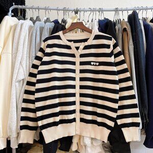Black Cream Striped Heart Embroidered Cardigan